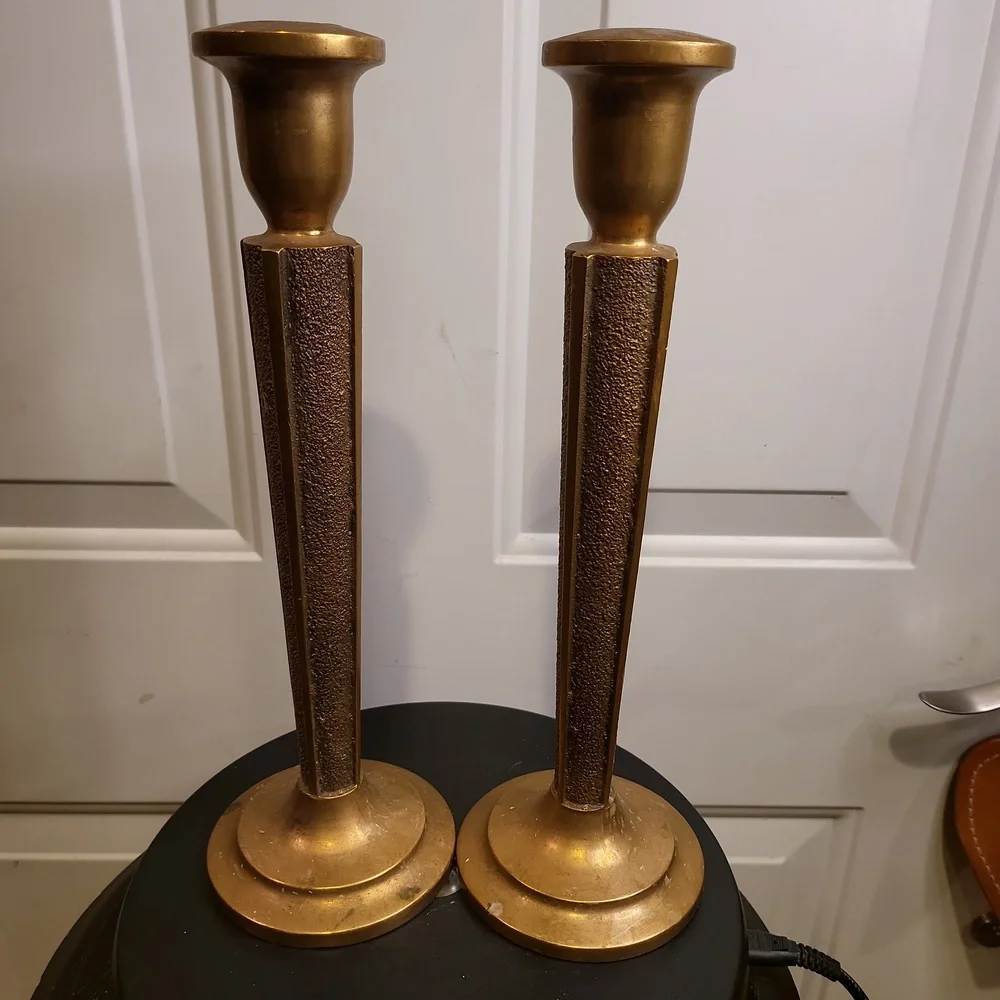 Antique Pair of Bronze Cast Embossed Candle Holder Candle Sticks 12" - Picture 1 of 11